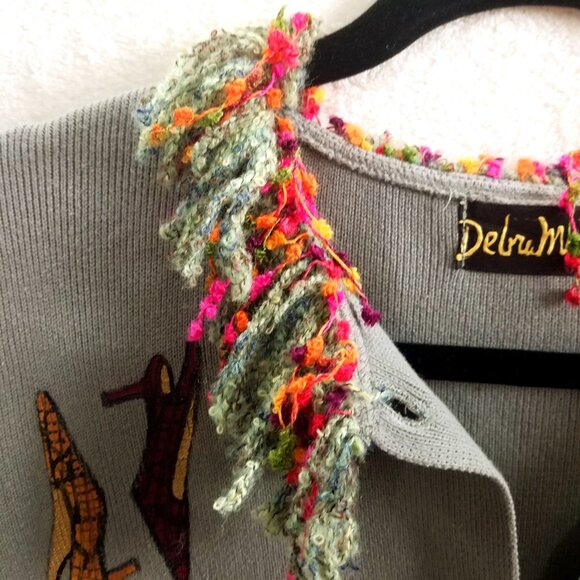 Debra Murray W M Vtg olive Wearable Art Hand Painted Shoe-Print Knit Cardigan - Picture 5 of 16